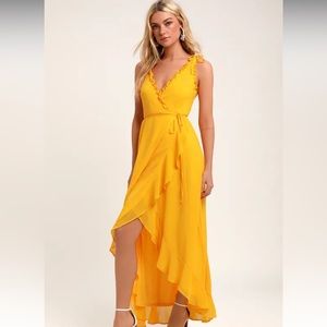 Lulu’s Juliette Yellow Ruffled High-Low Wrap Dress